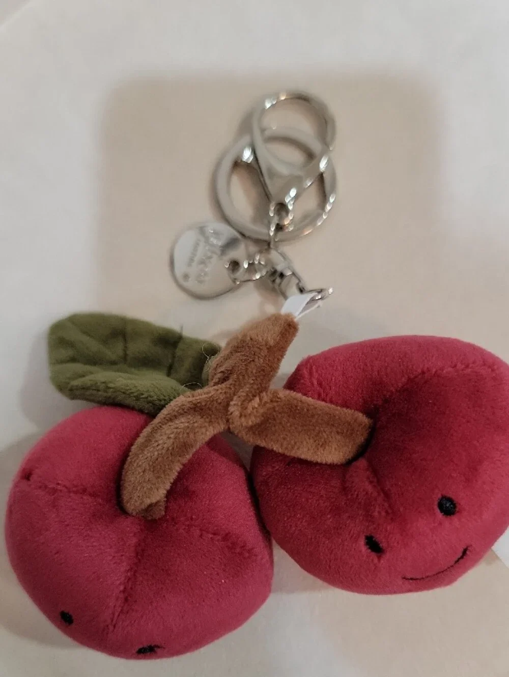 Jellycat Plush Cherry Keyring in Deep Red with Brown Stem